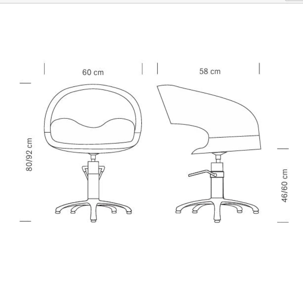 Maße des WAVE Friseursessels: 60 x 58 x 80/92 h cm