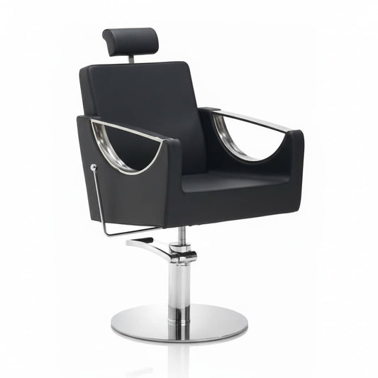 HAIR CROWN Friseursessel: Majestätisches Design, Königlicher Komfort und Schwarzes Sky Eco-Leder (Runde Basis)