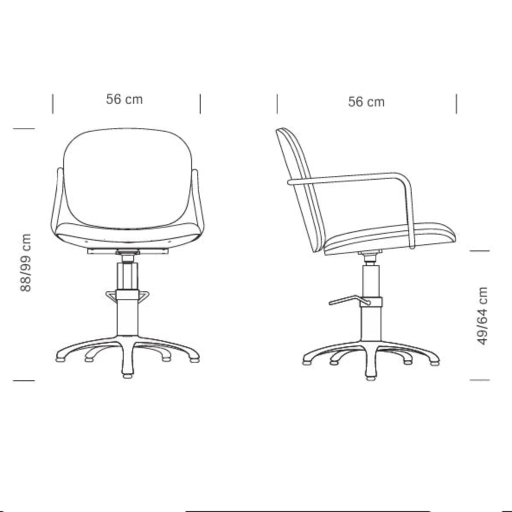 Maße des HAIR COLETTE Friseursessels: 56 x 56 x 88/99 h cm (max)