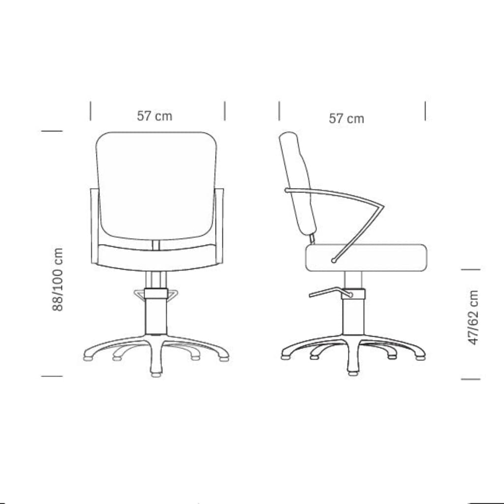 Maße des HAIR ALPHA Friseursessels: 57 x 57 x 88/100 h cm (max)
