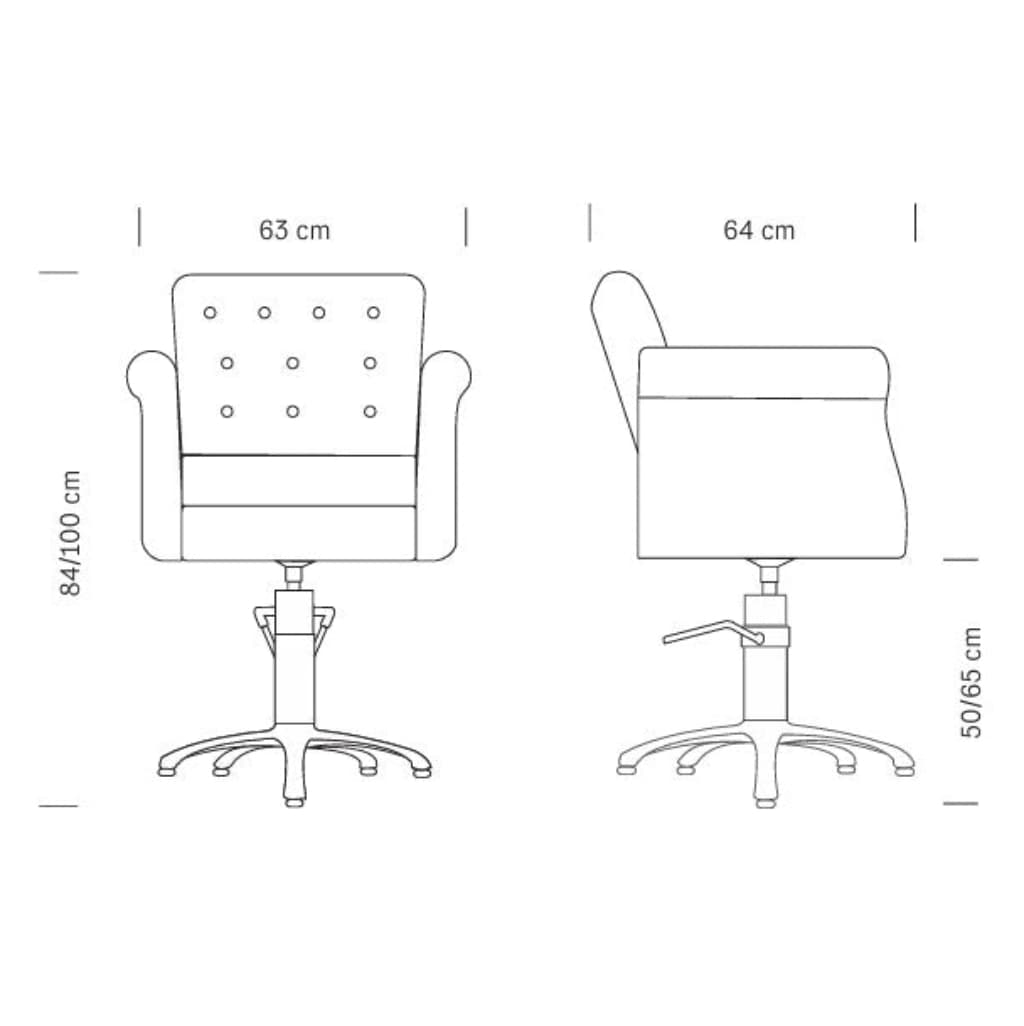 Maße des HAIR THRONE Friseursessels: 63 x 64 x 84/100 h cm (max)