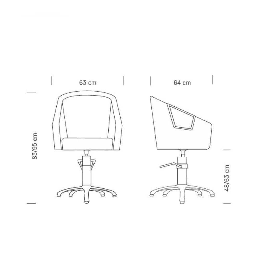 Maße des HAIR ASTRA BLACK Friseursessels: 63 x 64 x 83/95 h cm (max)