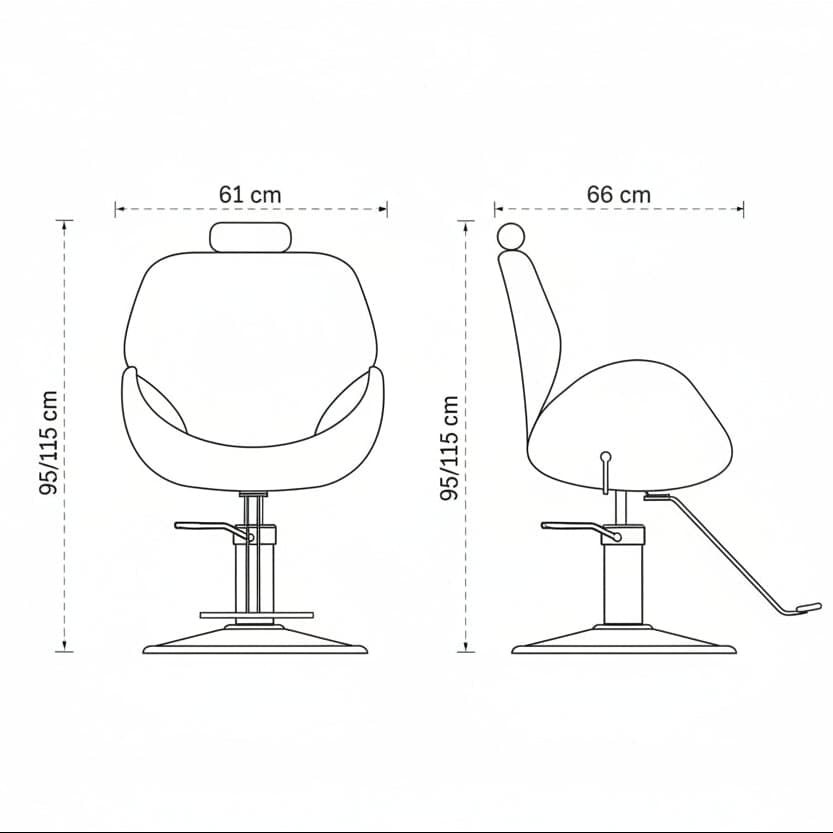 Maße des LUMIA Unisex Friseursessels: 61 x 66 x 95/115 h cm
