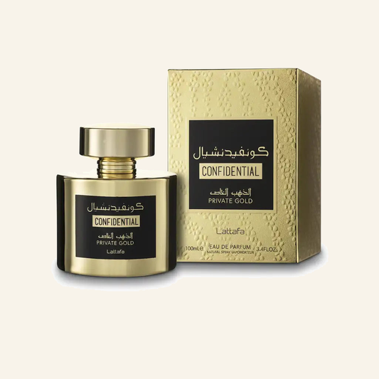 Confidential Private Gold – Unisex Eau de Parfum (100 ml) - Produktfoto auf beigem Hintergrund