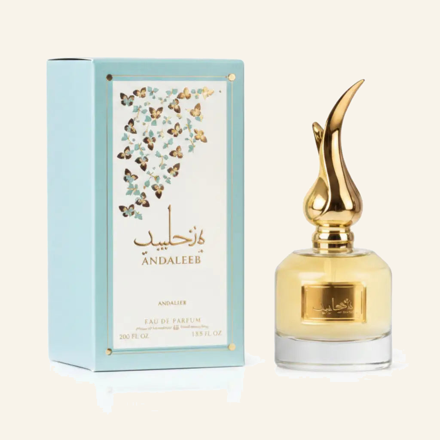 عندليب Lattafa Andaleeb – Eau de Parfum (100 ml) - Produktfoto auf beigem Hintergrund