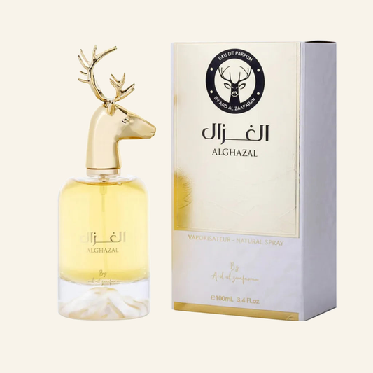 الغزال ALGHAZAL EDP 100 ml – Eleganter orientalischer Duft - Produktfoto auf beigem Hintergrund