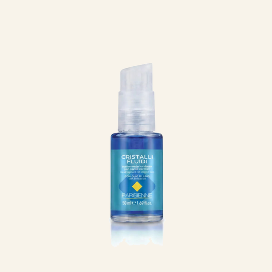Haarglanz & Leinöl Schutz Blue Liquid Crystals Normales Haar - Produktfoto auf beigem Hintergrund