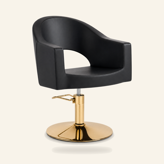 Friseursessel Luxus Design Gold Chrom Schwarz Eco-Leder - Produktfoto auf beigem Hintergrund