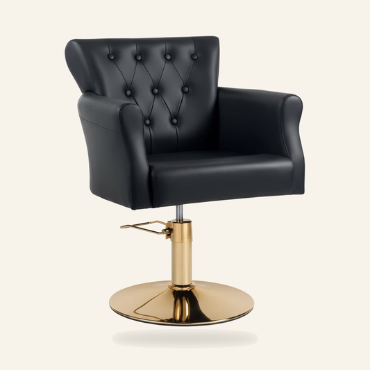 Luxus Friseursessel Gold Eco-Leder Schwarz - Produktfoto auf beigem Hintergrund