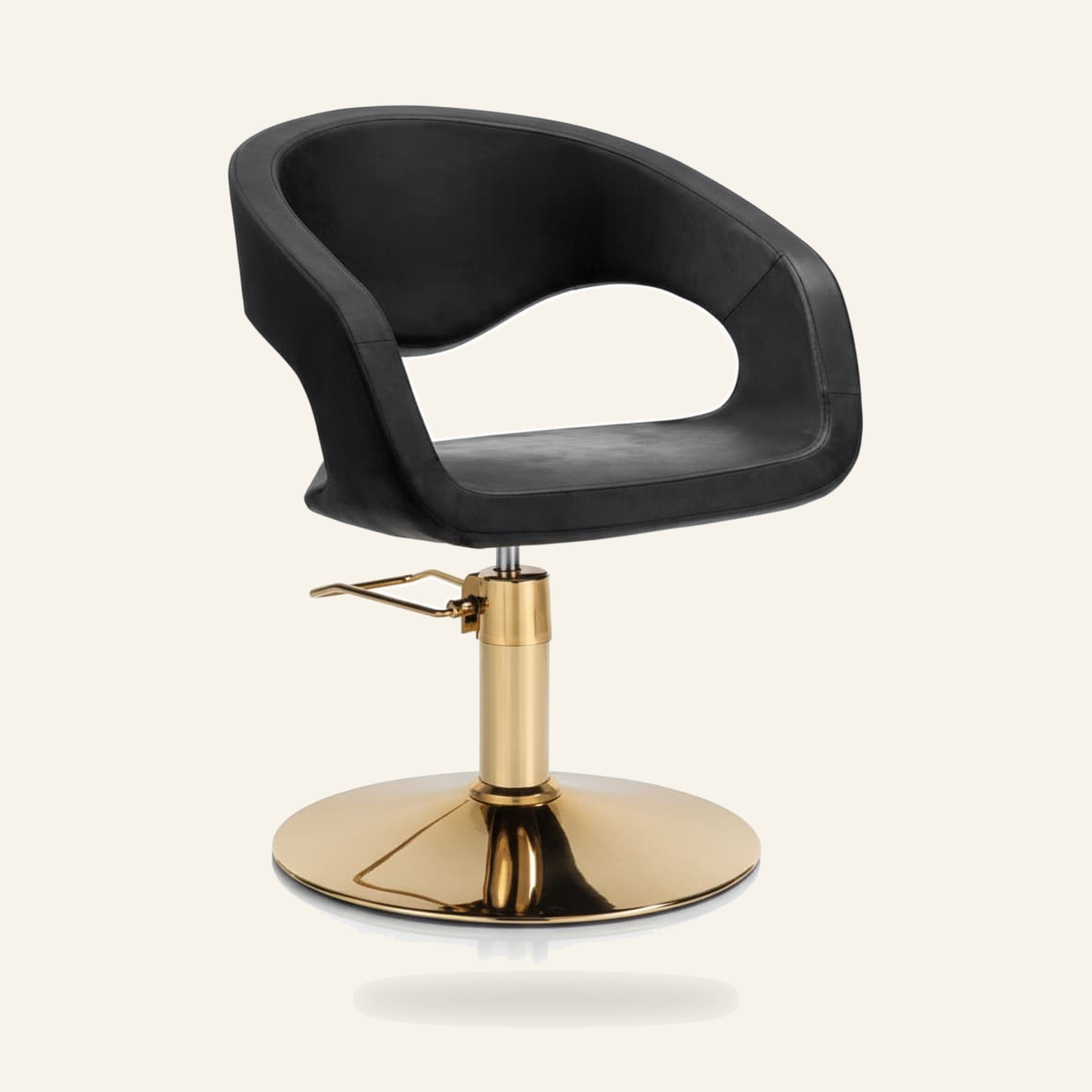 GOLD HAIRWAVE Friseurstuhl Gold Chrom Eco-Leder - Produktfoto auf beigem Hintergrund