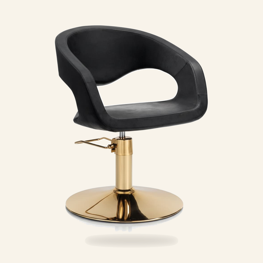 GOLD HAIRWAVE Friseurstuhl Gold Chrom Eco-Leder - Produktfoto auf beigem Hintergrund
