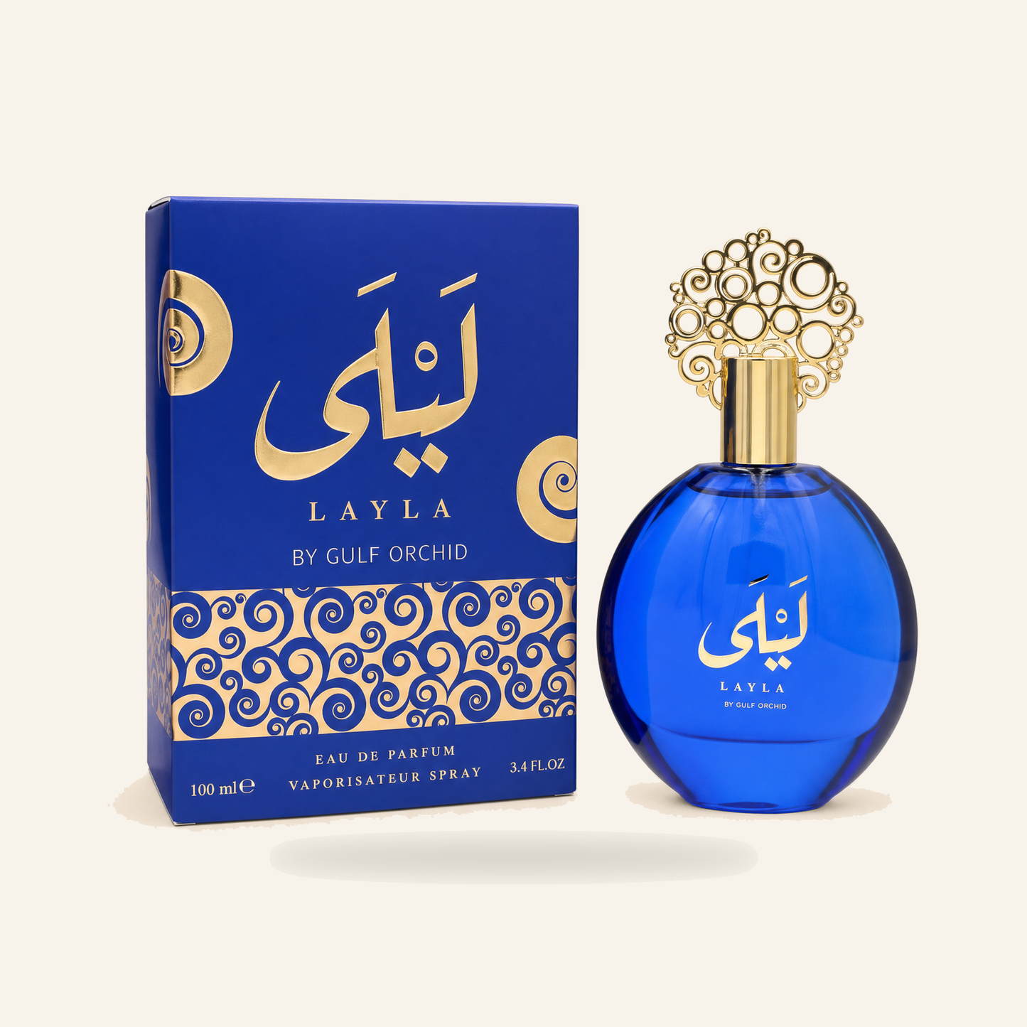 Gulf Orchid LAYLA Unisex EDP 100 ml – Long Lasting - Produktfoto auf beigem Hintergrund