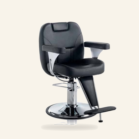 Barberstuhl Eco-Leder Schwarz Chrom Klassisch - Produktfoto auf beigem Hintergrund