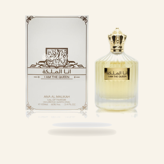 Ana Almalika – I AM THE QUEEN Eau de Parfum für Damen (100 ml) - Produktfoto auf beigem Hintergrund