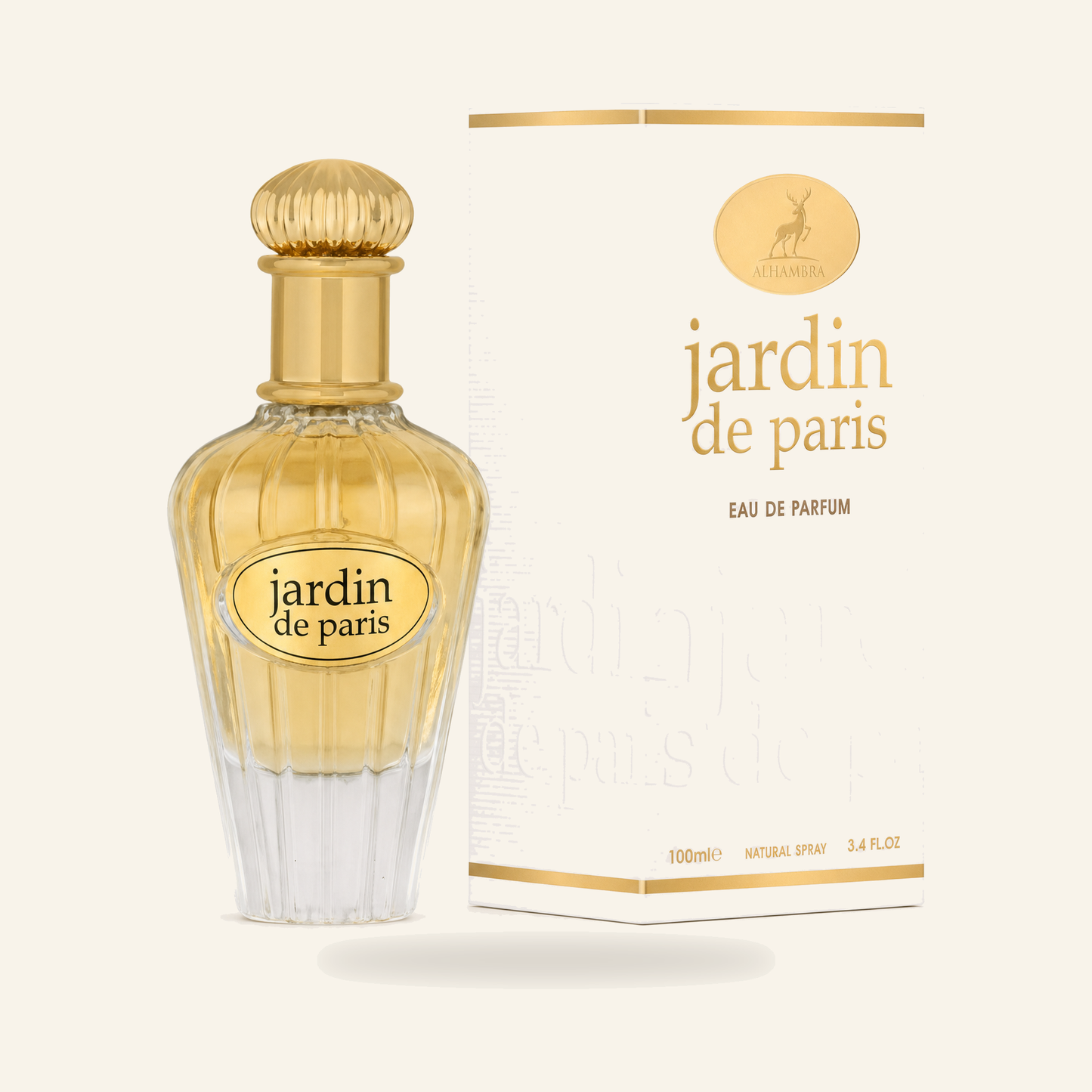 JARDIN DE PARIS EDP 100 ml – Eleganter, floraler Duft - Produktfoto auf beigem Hintergrund