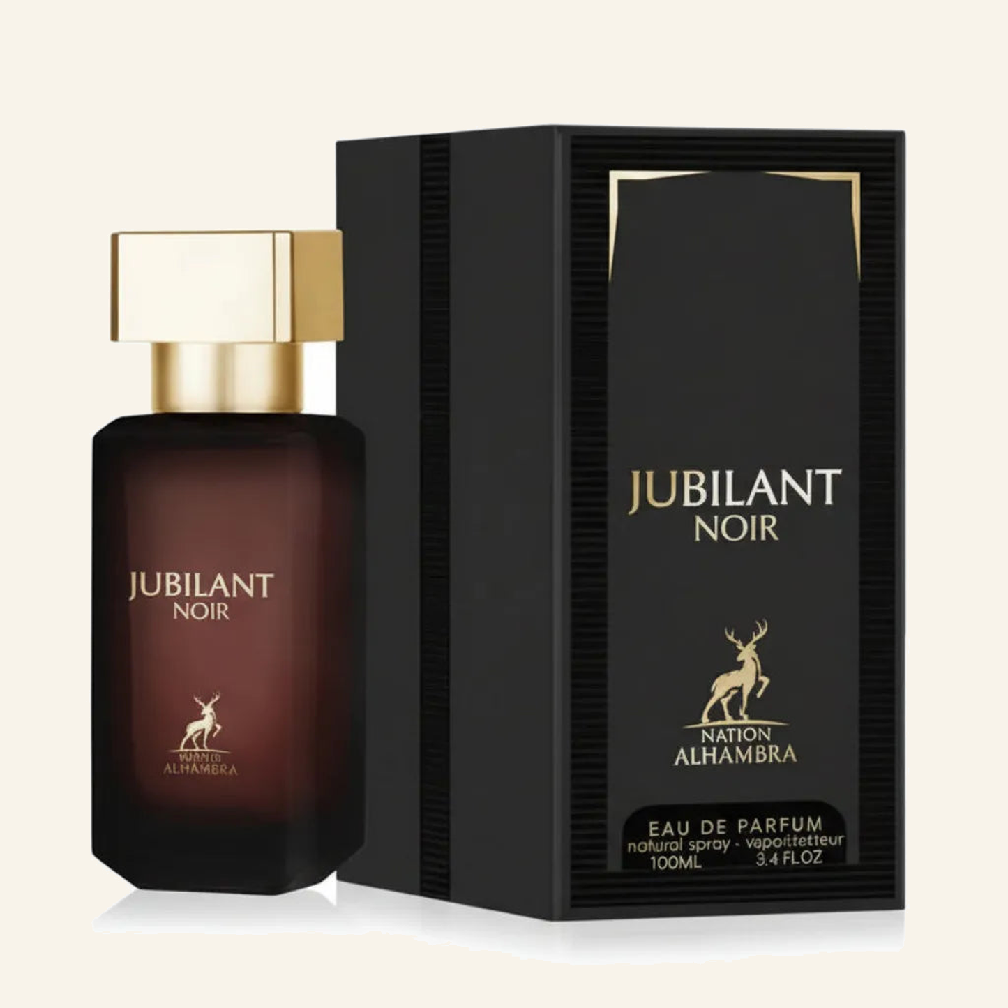 JUBILANT Noir EDP & Intensiver Eleganter Duft 100 ml - Produktfoto auf beigem Hintergrund