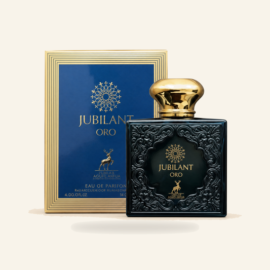 JUBILANT Oro EDP 100 ml – Eleganter Luxusduft - Produktfoto auf beigem Hintergrund