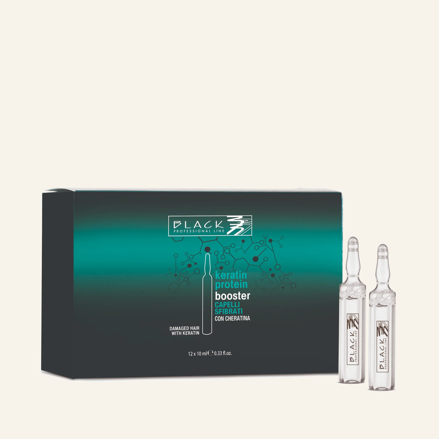 Keratin-Protein & Seidenprotein Leave-in Restructuring Vial - Produktfoto auf beigem Hintergrund