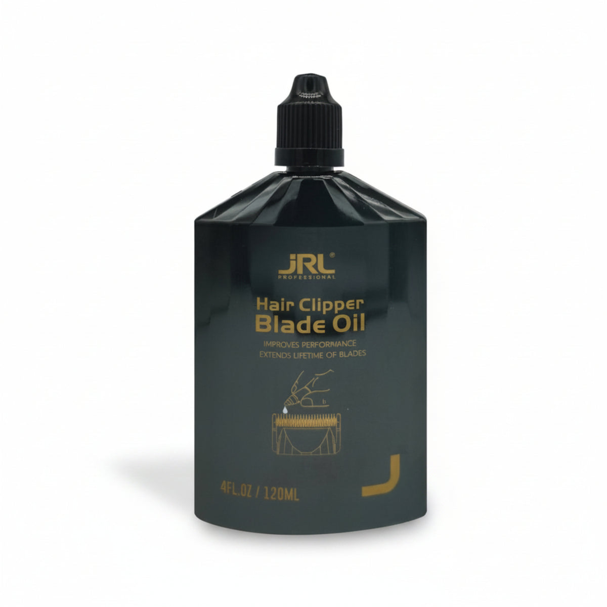 Klingenöl 120 ml – schwarze Flasche mit Easy-Pour-Düse vor weißem Hintergrund