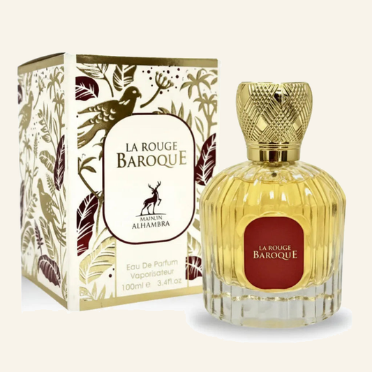 LA ROUGE BAROQUE EDP & Intensiver Eleganter Duft 100 ml - Produktfoto auf beigem Hintergrund