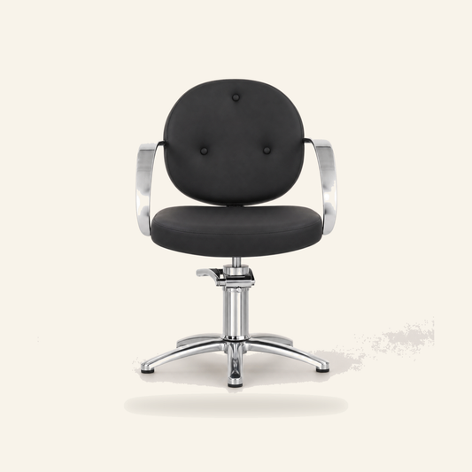 HAIR COLETTE Friseurstuhl & Barberstuhl Eco-Leder Chrombasis - Produktfoto auf beigem Hintergrund