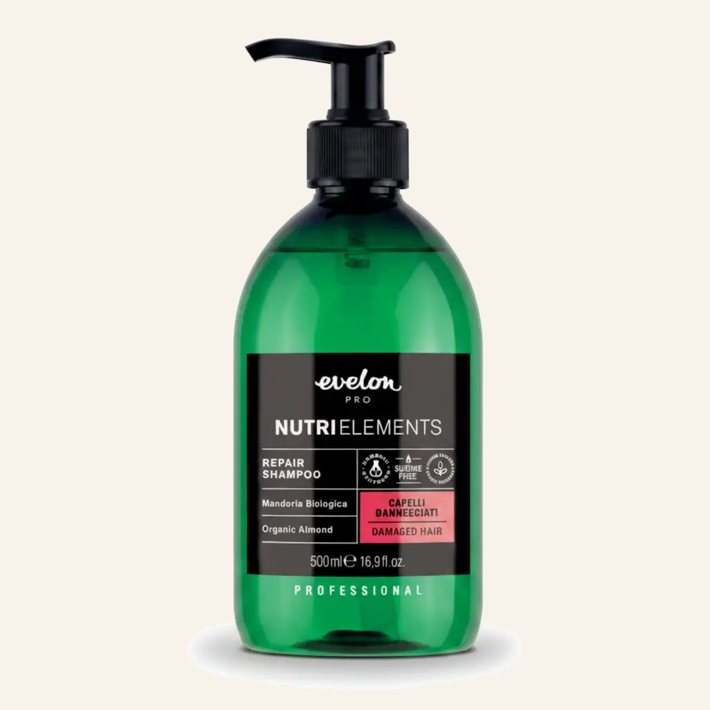 Restrukturierendes Shampoo & Bio-Mandel Extrakt 500ml - Produktfoto auf beigem Hintergrund