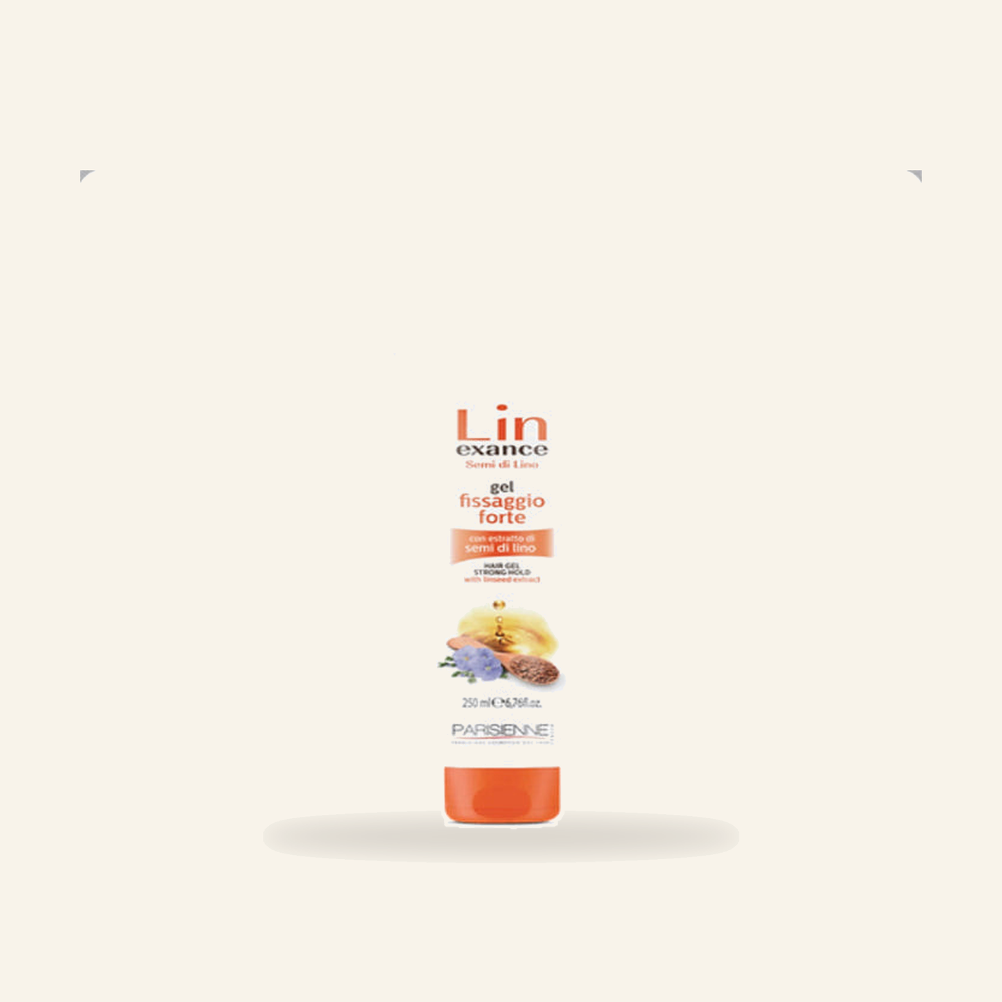 STRONG HOLD STYLING GEL MIT LEINSAMEN ÖL - Produktfoto auf beigem Hintergrund