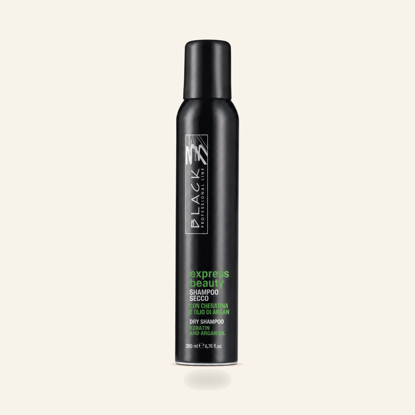Trockenshampoo Keratin & Arganöl Express-Reinigung Volumen - Produktfoto auf beigem Hintergrund