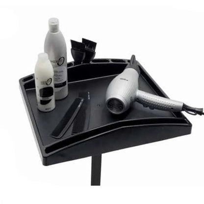 TUTOR BLACK Ablagetisch mit Friseurbedarf belegt Detailansicht