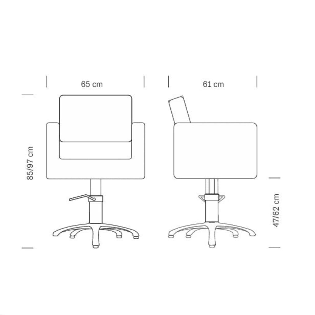 Abmessungen des KING Friseursessels: 65 x 61 x 85/97 h cm (max)
