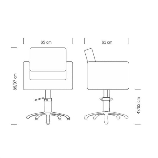 Maße des KING Friseursessels: 65 x 61 x 85/97 h cm (max)
