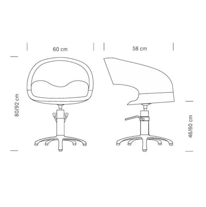 Maße des WAVE Friseursessels: 60 x 58 x 80/92 h cm
