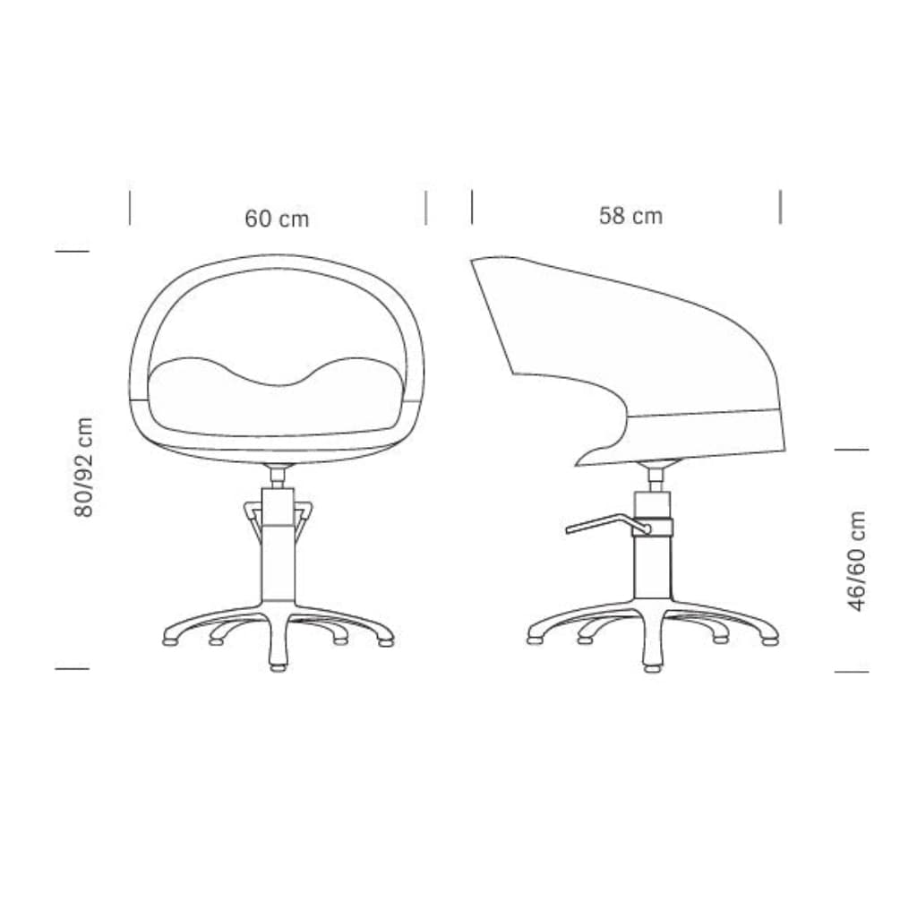 Maße des HAIR WAVE Friseursessels: 60 x 58 x 80/92 h cm
