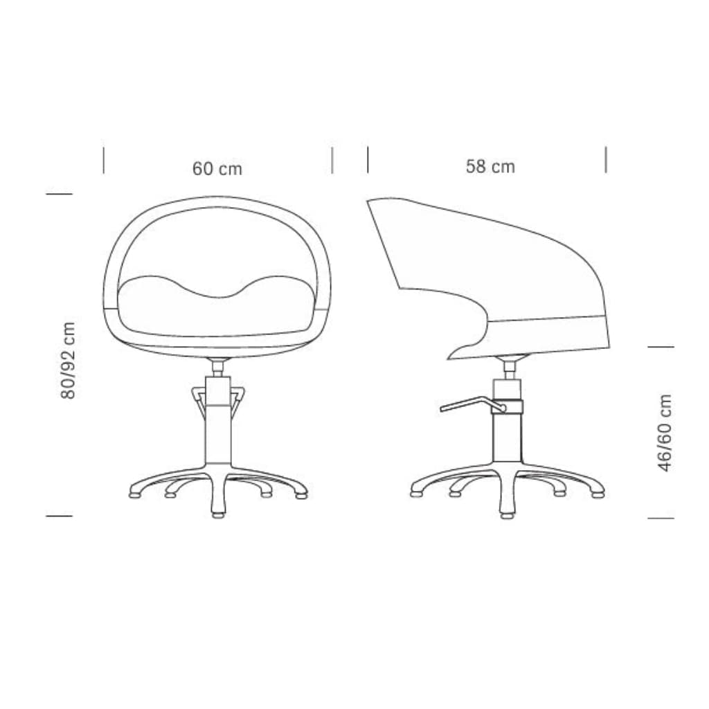 Maße des WAVE Friseursessels: 60 x 58 x 80/92 h cm
