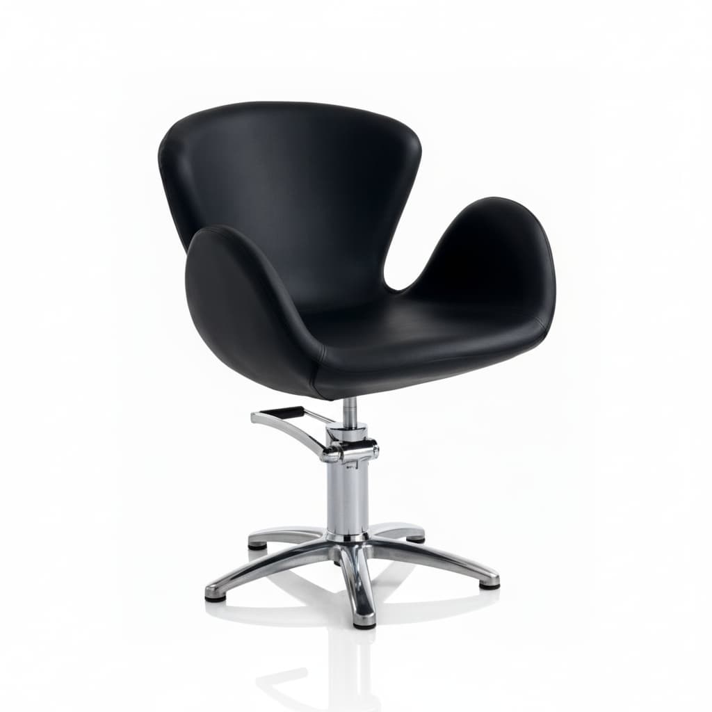 HAIR CHARLOTTE Friseursessel: Minimalistisches Design mit geschwungenen Formen, Nähte perfekt am Rahmen und schwarzem Sky Eco-Leder (Sternförmige Basis)
