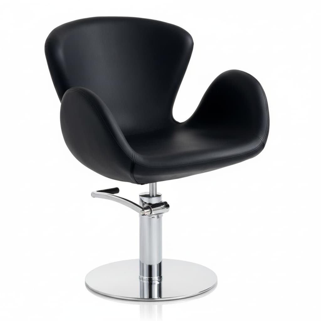HAIR CHARLOTTE Friseursessel: Minimalistisches Design mit geschwungenen Formen, Nähte perfekt am Rahmen und schwarzem Sky Eco-Leder (Runde Basis)
