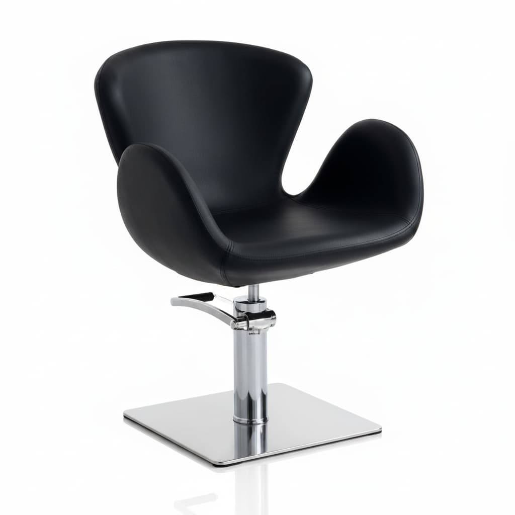 HAIR CHARLOTTE Friseursessel: Minimalistisches Design mit geschwungenen Formen, Nähte perfekt am Rahmen und schwarzem Sky Eco-Leder (Quadratische Basis)
