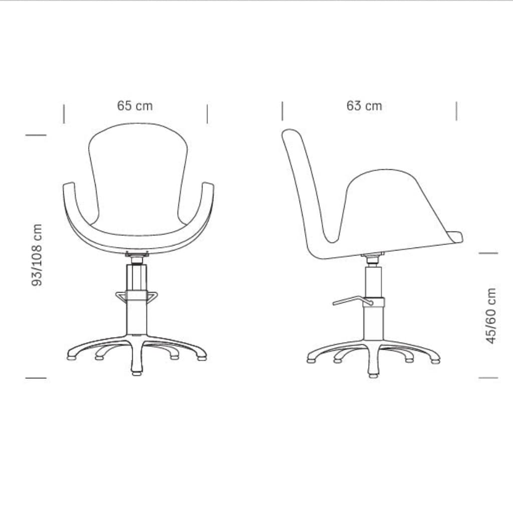 Maße des HAIR CHARLOTTE Friseursessels: 65 x 63 x 93/108 h cm (max)
