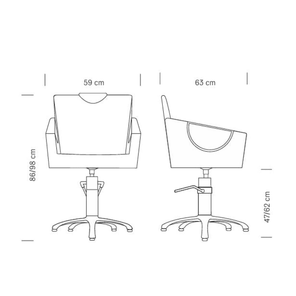 Maße des HAIR CROWN Friseursessels: 59 x 63 x 86/98 h cm (max)

