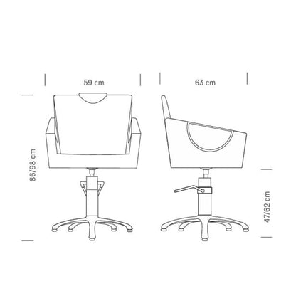 Maße des HAIR CROWN Friseursessels: 59 x 63 x 86/98 h cm (max)

