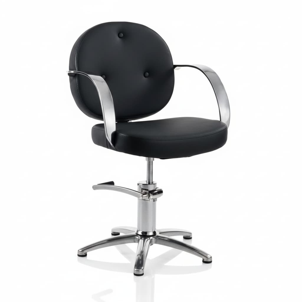 HAIR COLETTE Friseursessel: Charme, Eleganz und Komfort, verchromter Rahmen und schwarzes Sky Eco-Leder (Sternförmige Basis)

