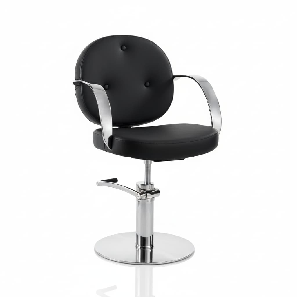 HAIR COLETTE Friseursessel: Charme, Eleganz und Komfort, verchromter Rahmen und schwarzes Sky Eco-Leder (Runde Basis)
