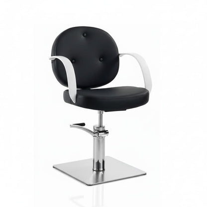 HAIR COLETTE Friseursessel: Charme, Eleganz und Komfort, verchromter Rahmen und schwarzes Sky Eco-Leder (Quadratische Basis)
