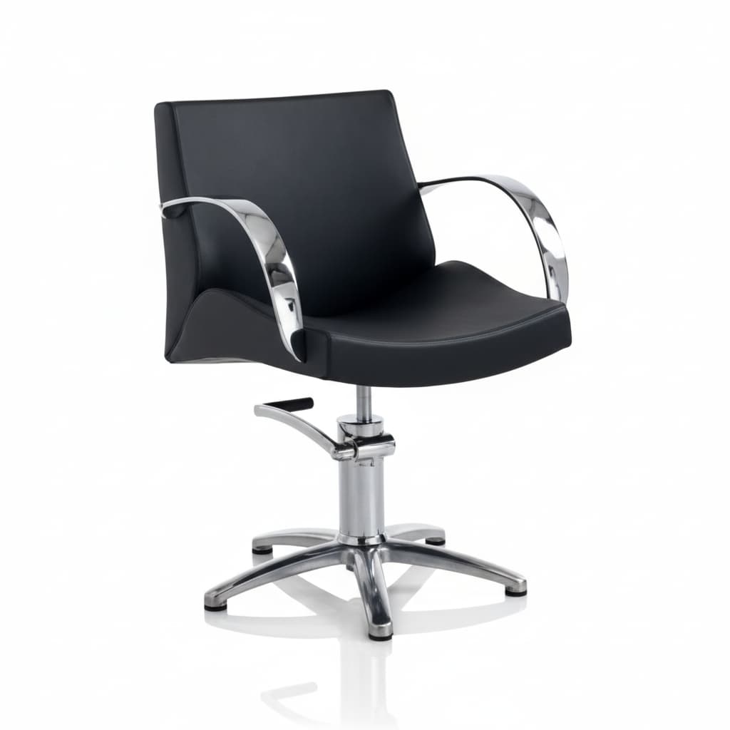 HAIR MOON Friseursessel: Minimalistisches Design mit gebogener Metallarmlehne, Polyurethanschaum-Polsterung und schwarzem Sky Eco-Leder (Sternförmige Basis)
