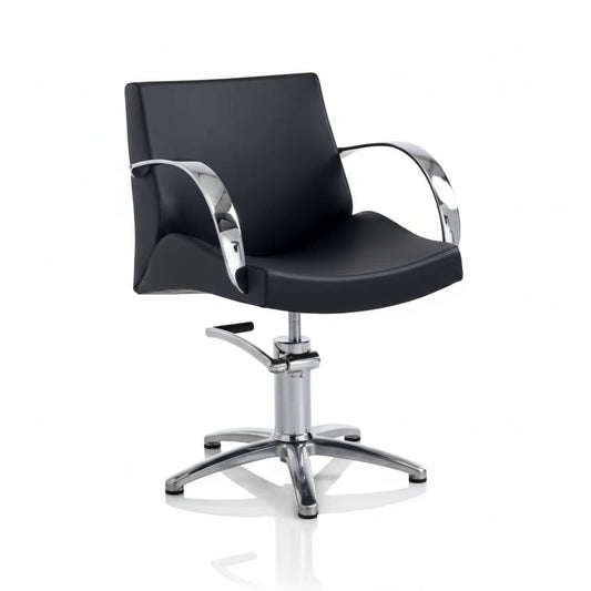 HAIR MOON Friseursessel: Minimalistisches Design mit gebogener Metallarmlehne, Polyurethanschaum-Polsterung und schwarzem Sky Eco-Leder (Sternförmige Basis)
