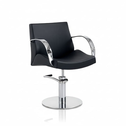 HAIR MOON Friseursessel: Minimalistisches Design mit gebogener Metallarmlehne, Polyurethanschaum-Polsterung und schwarzem Sky Eco-Leder (Runde Basis)
