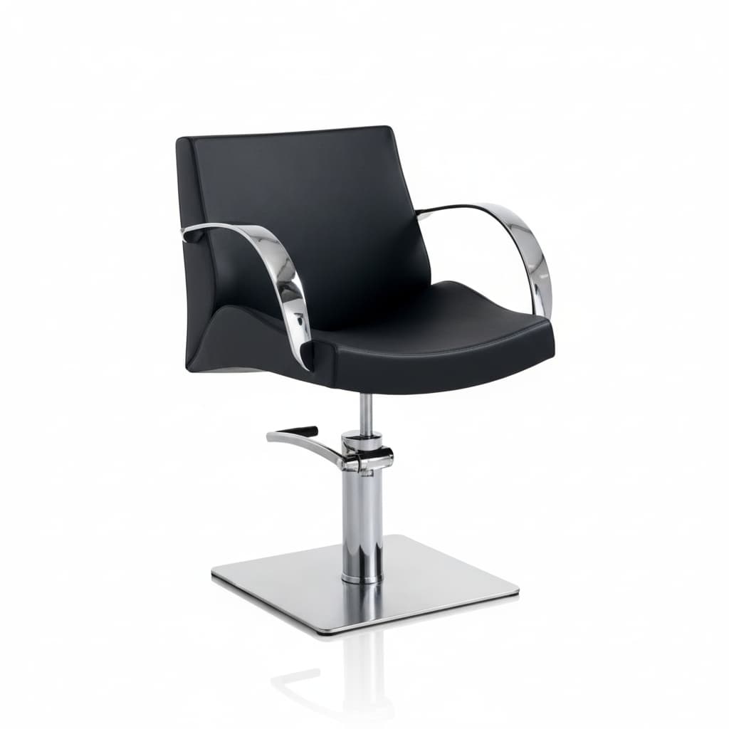 HAIR MOON Friseursessel: Minimalistisches Design mit gebogener Metallarmlehne, Polyurethanschaum-Polsterung und schwarzem Sky Eco-Leder (Quadratische Basis)
