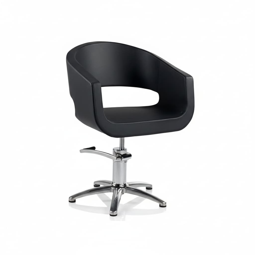 HAIR STYLO Friseursessel: Minimalistisches Design mit großen abgerundeten Rücken- und Sitzteilen aus Polyurethanschaum und schwarzem Sky Eco-Leder (Sternförmige Basis)
