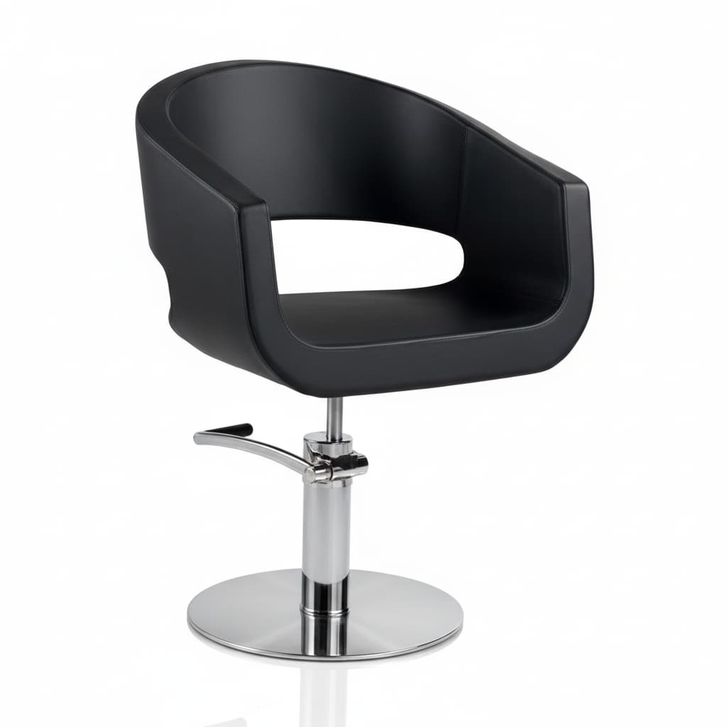 HAIR STYLO Friseursessel: Minimalistisches Design mit großen abgerundeten Rücken- und Sitzteilen aus Polyurethanschaum und schwarzem Sky Eco-Leder (Runde Basis)
