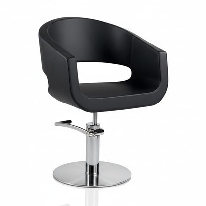 HAIR STYLO Friseursessel: Minimalistisches Design mit großen abgerundeten Rücken- und Sitzteilen aus Polyurethanschaum und schwarzem Sky Eco-Leder (Runde Basis)
